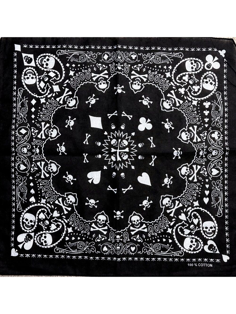Black and White Skull and Crossbones Cotton Bandana with Card Suit Symbols